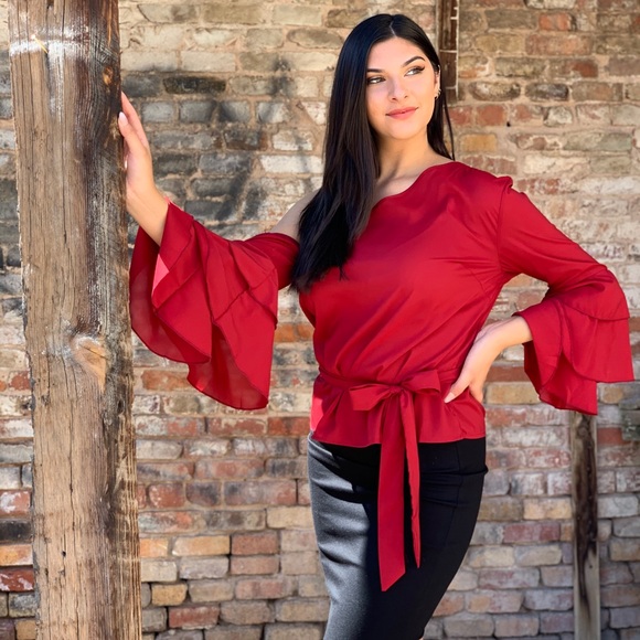 Burgundy One Shoulder Ruffle Sleeve Top Size XL NWT - Picture 2 of 7